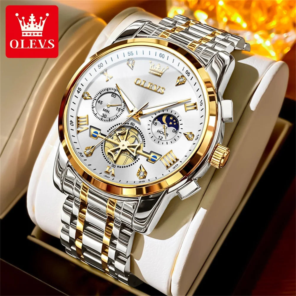 OLEVS Luxury Brand Men's Watch Classic Roman Scale Flywheel Design Moon Phase Waterproof Quartz Watch for Men Original 2856