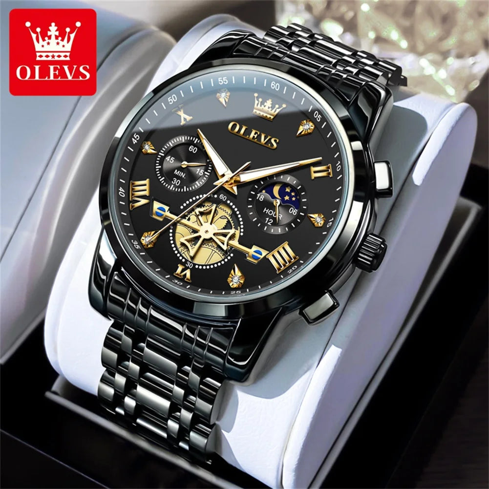 OLEVS Luxury Brand Men's Watch Classic Roman Scale Flywheel Design Moon Phase Waterproof Quartz Watch for Men Original 2856