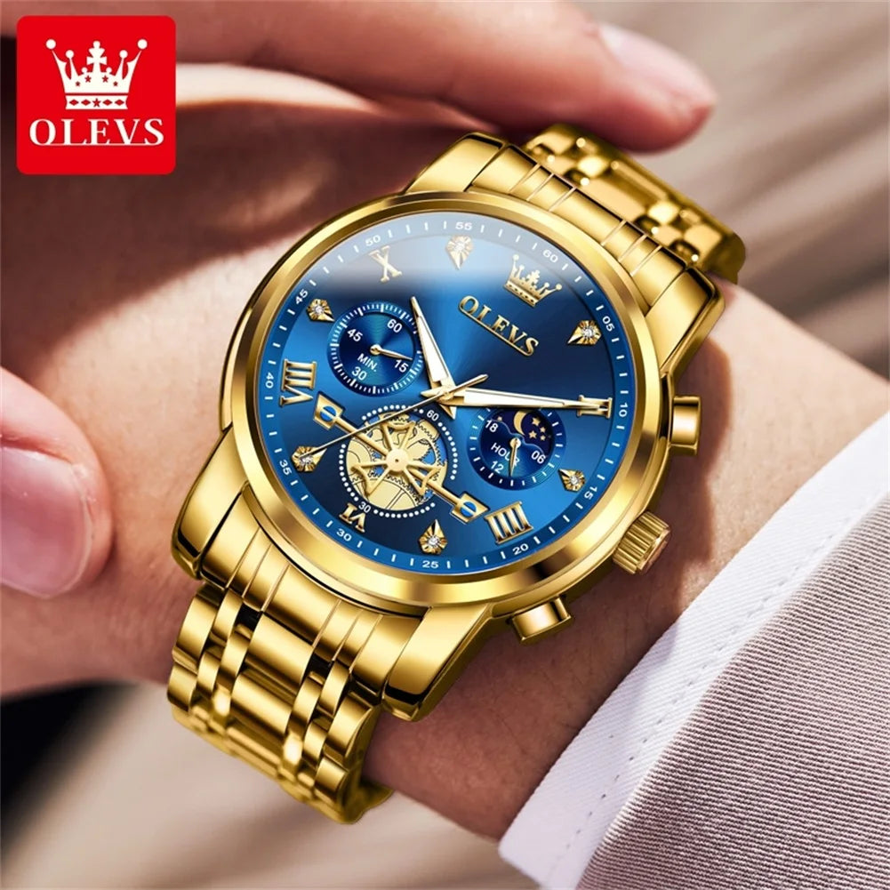 OLEVS Luxury Brand Men's Watch Classic Roman Scale Flywheel Design Moon Phase Waterproof Quartz Watch for Men Original 2856