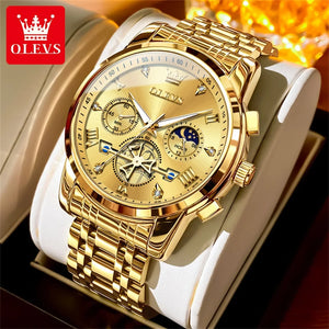 OLEVS Luxury Brand Men's Watch Classic Roman Scale Flywheel Design Moon Phase Waterproof Quartz Watch for Men Original 2856