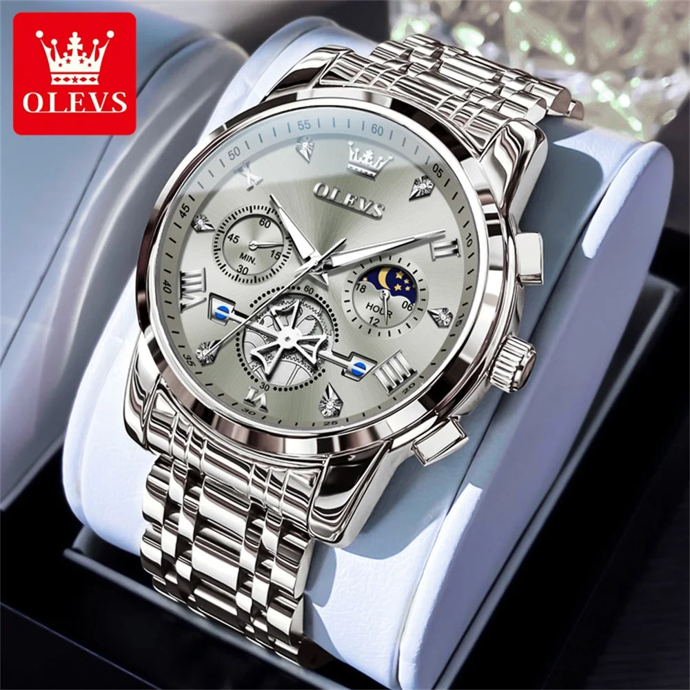 OLEVS Luxury Brand Men's Watch Classic Roman Scale Flywheel Design Moon Phase Waterproof Quartz Watch for Men Original 2856