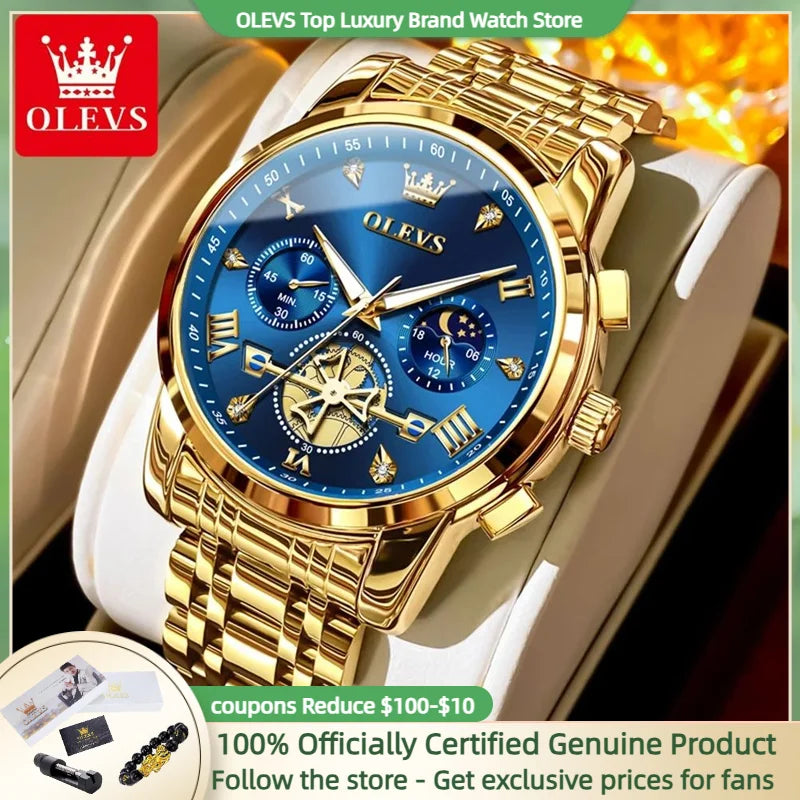 OLEVS Luxury Brand Men's Watch Classic Roman Scale Flywheel Design Moon Phase Waterproof Quartz Watch for Men Original 2856