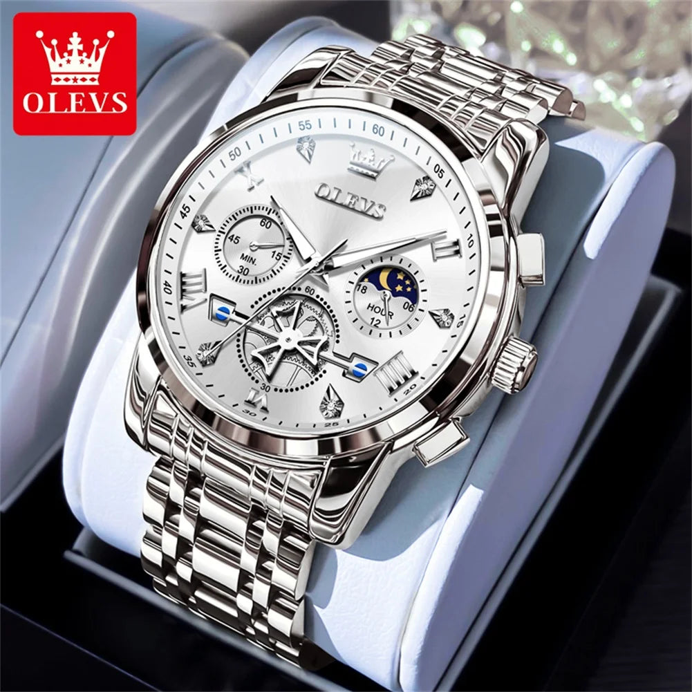 OLEVS Luxury Brand Men's Watch Classic Roman Scale Flywheel Design Moon Phase Waterproof Quartz Watch for Men Original 2856