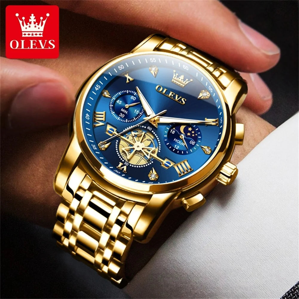 OLEVS Luxury Brand Men's Watch Classic Roman Scale Flywheel Design Moon Phase Waterproof Quartz Watch for Men Original 2856