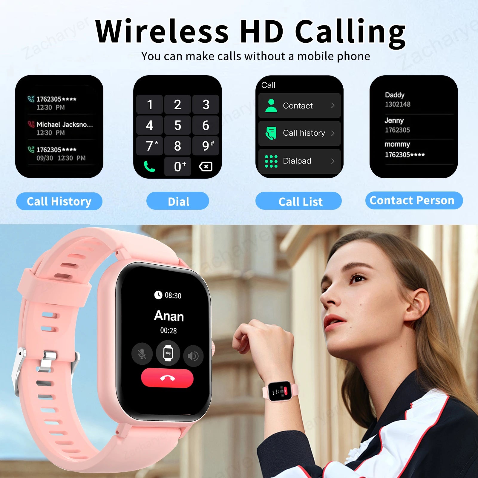 Smart watch, wireless calling/dial, multi-Sport mode, calling reminder and rejection, SMS reminder,for iPhone/Andriod