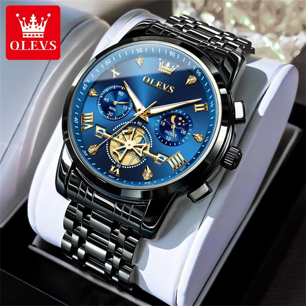 OLEVS Luxury Brand Men's Watch Classic Roman Scale Flywheel Design Moon Phase Waterproof Quartz Watch for Men Original 2856