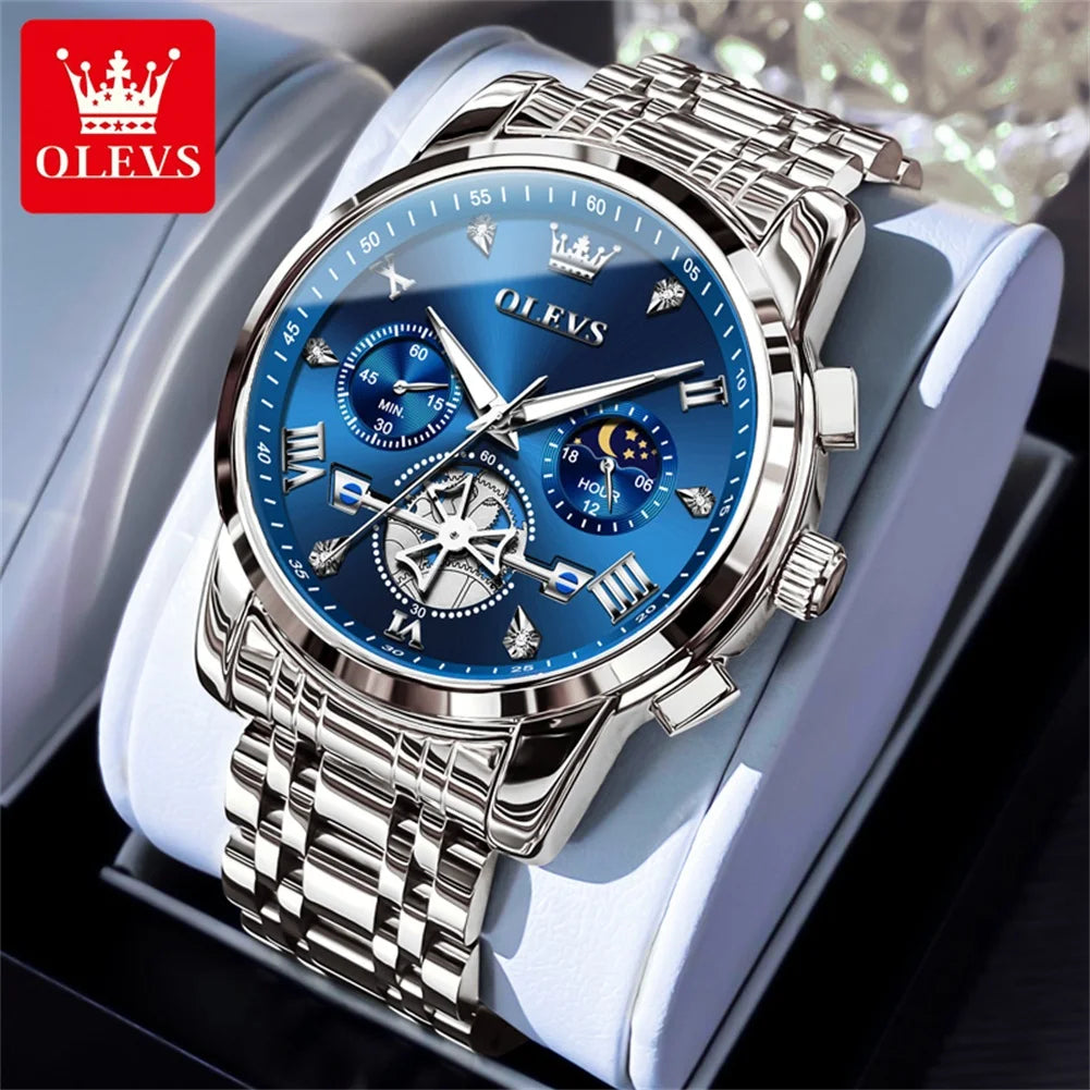 OLEVS Luxury Brand Men's Watch Classic Roman Scale Flywheel Design Moon Phase Waterproof Quartz Watch for Men Original 2856